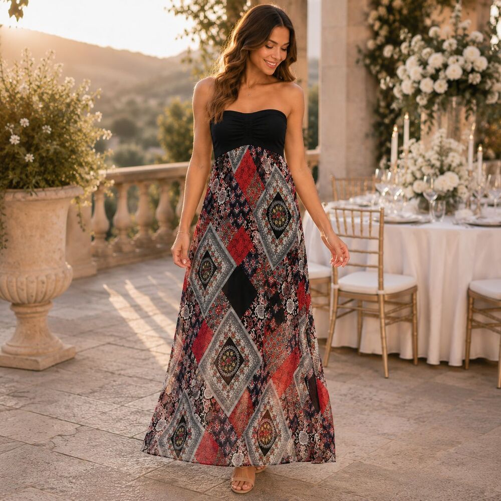 Strapless Maxi Dress Scarf Print Smocked Back Wedding Guest Resort Boho L ALine